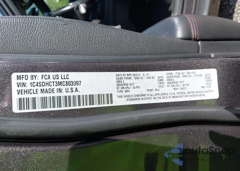 2021 Dodge Durango R/T Rwd z USA, uszkodzony, nr VIN 1C4SDHCT3MC803097